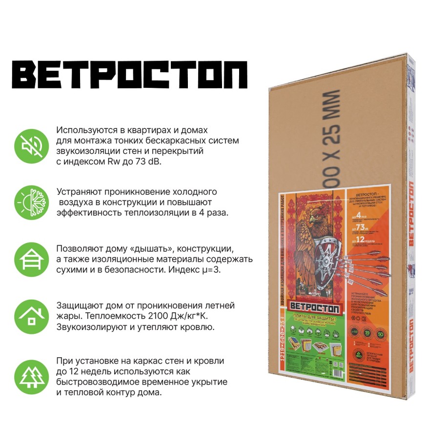 Ветрозащитная шумоизоляционная панель ВЕТРОСТОП 2500х600х25 мм с шип-пазом 19 мм купить в Казани